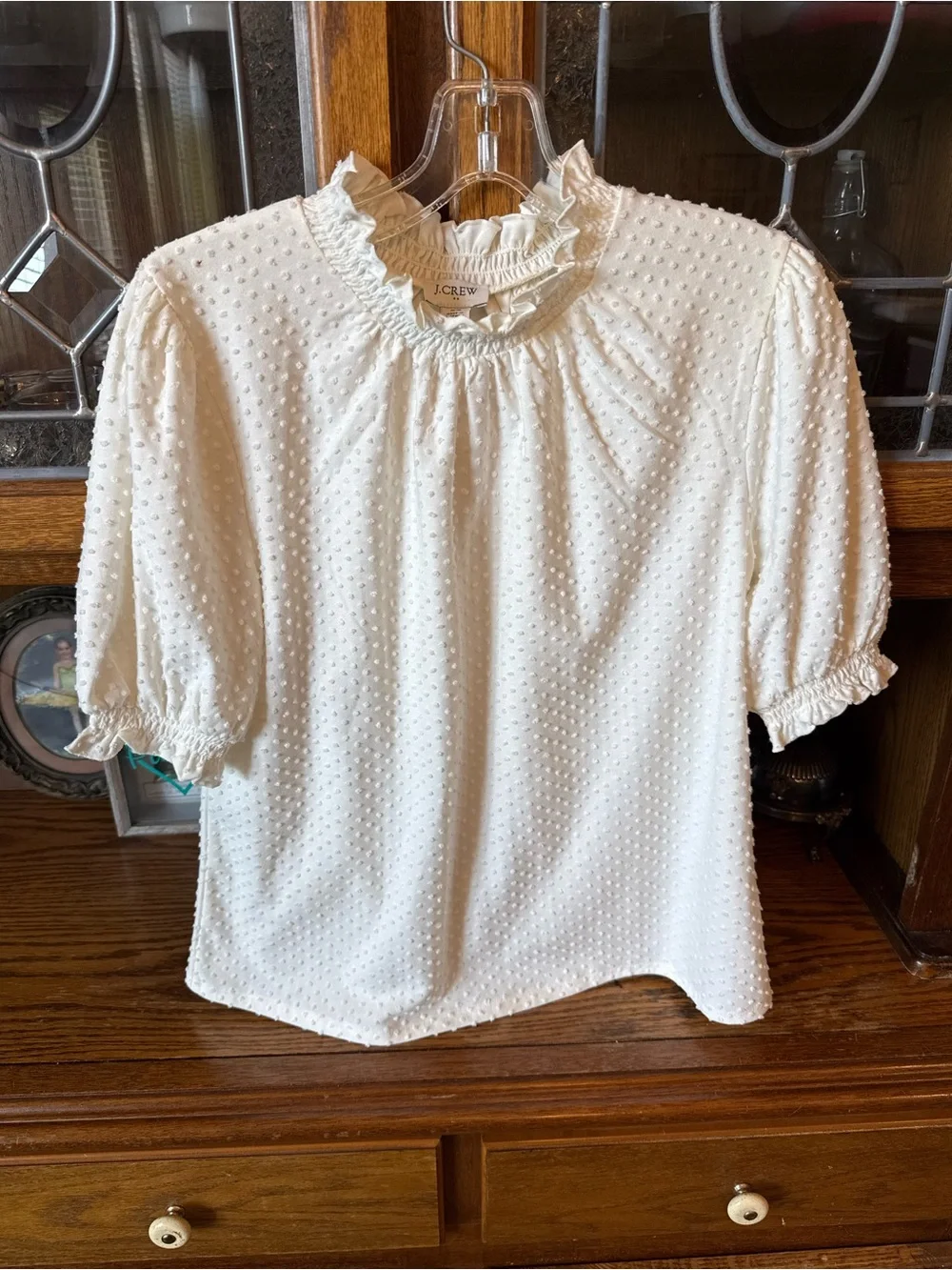 J. Crew NWT Cream Swiss Dot Ruffle Neck Short Sleeve Top